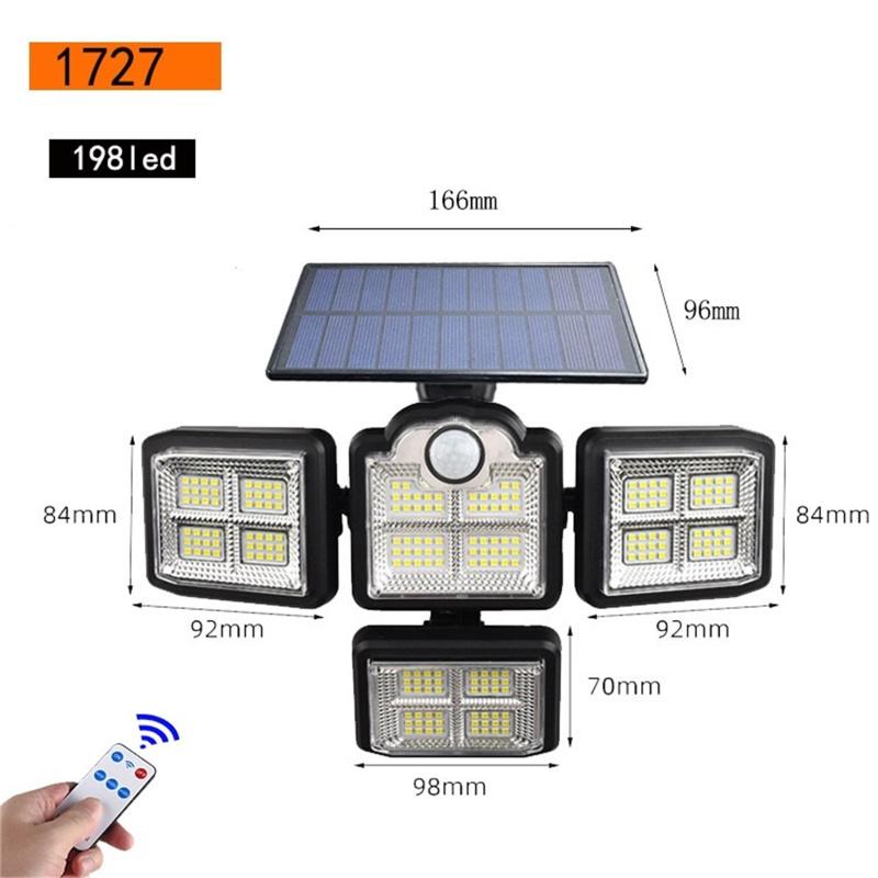 

198 светодиодный солнечный светильник, 4 головки, 3 режима, IP65, водонепроницаемый, 270, широкоугольный датчик движения, садовая охранная стена JD-1727 integrated