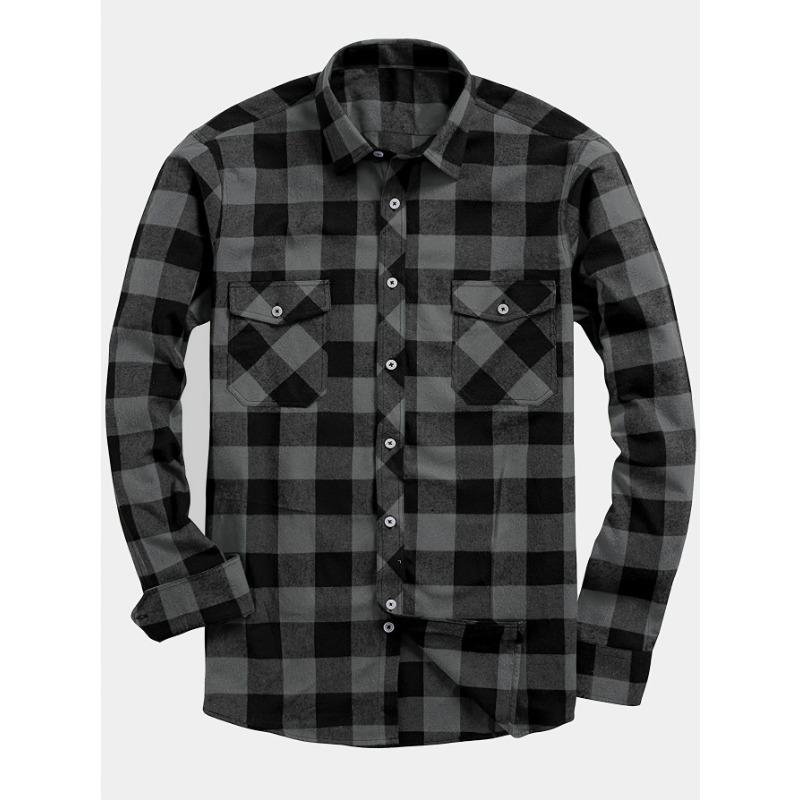 Men s Brushed Black Gray Plaid Shirt Vintage Streetwear Button Down Shirt S чёрный
