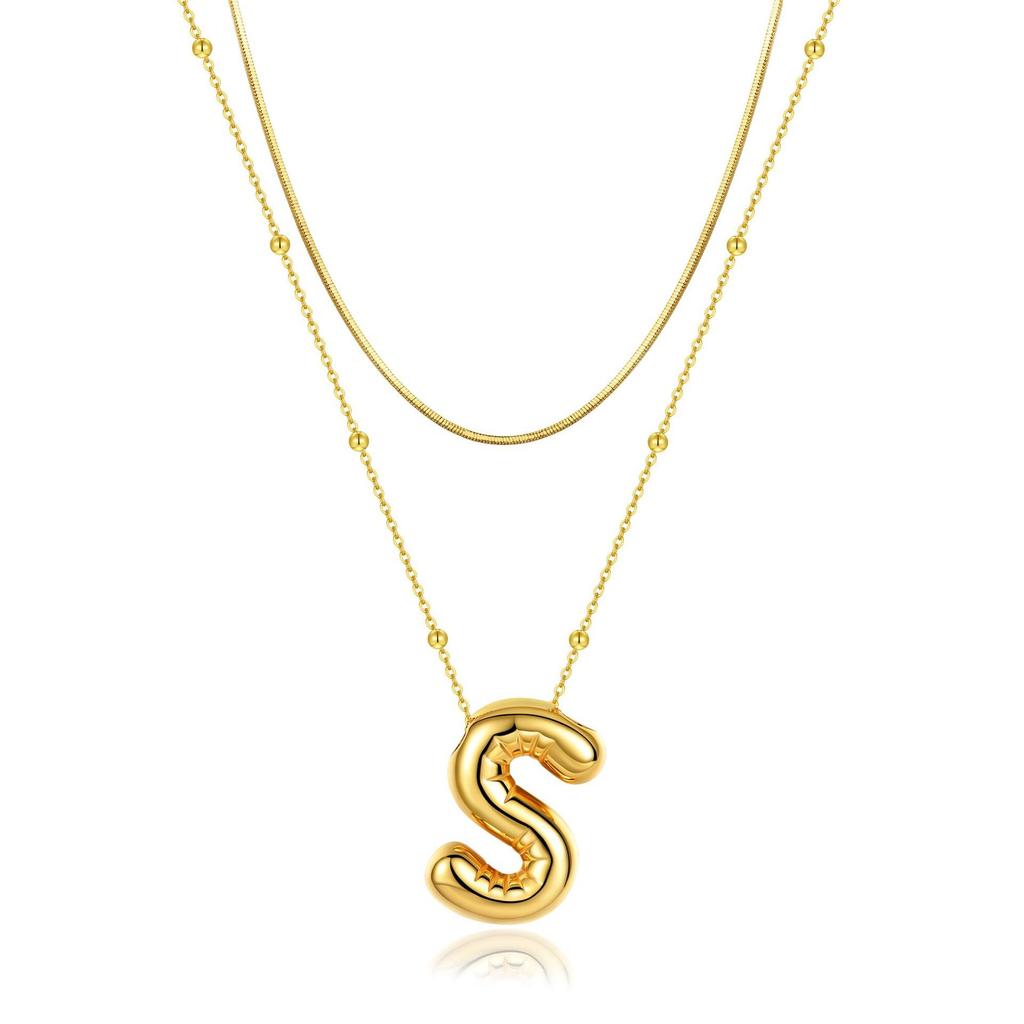 14K Double Round Snake Bone Chain Bead Chain Biscuit Balloon Letter Neck Chain Bubble Letter Foam Letter Necklace
