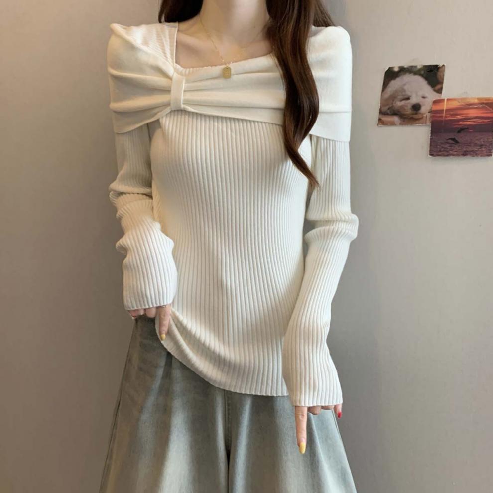 2025 Autumn and Winter New One-word Neck Bow Personalized Versatile Knitted Sweater Women's Fat Slim Slim Top