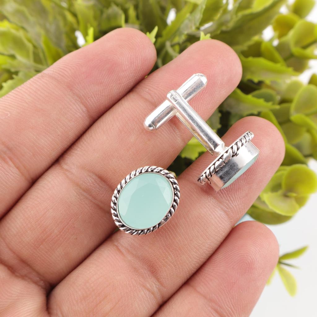 Aqua Chalcedony Gemstone 925 Sterling Silver Jewelry Men Cufflinks Gift For Him CL-1-20