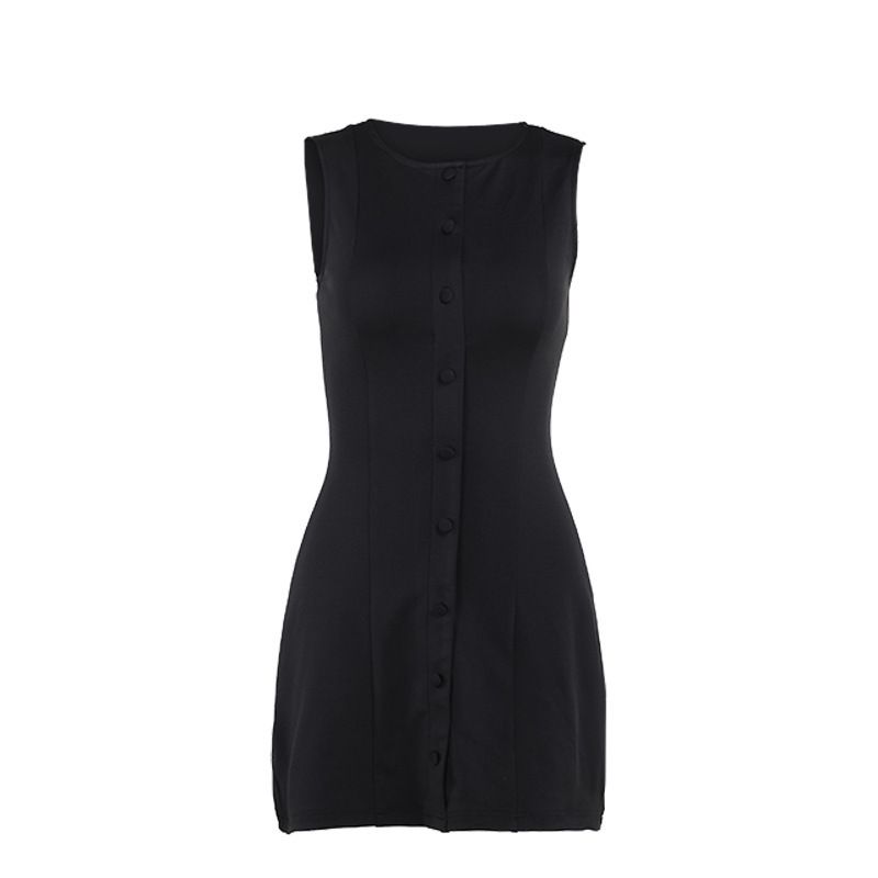 

Fashion Elegant Basic Style Fancy Vest Dress round Neck Breasted Design Slim Fit High Waist A- line Skirt Summer