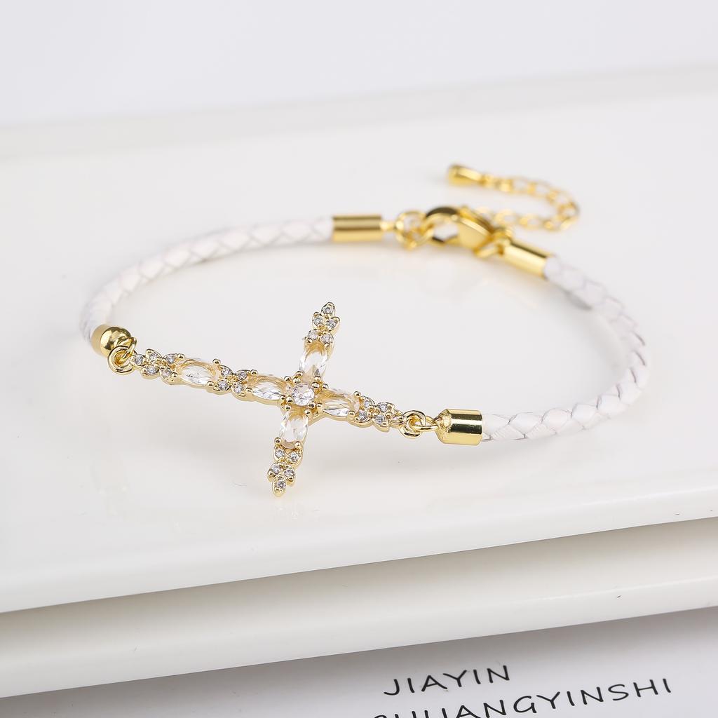 6 Color Classic Religious Crystal Zircon Cross Leather Braided Adjustable Bracelet Charms for Men Women Jewelry Gift Daily Wear
