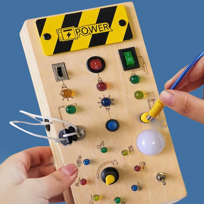 Luminous Wooden Busy Board Switch Toy for Children's Early Education and Fine Motor Skills Development.