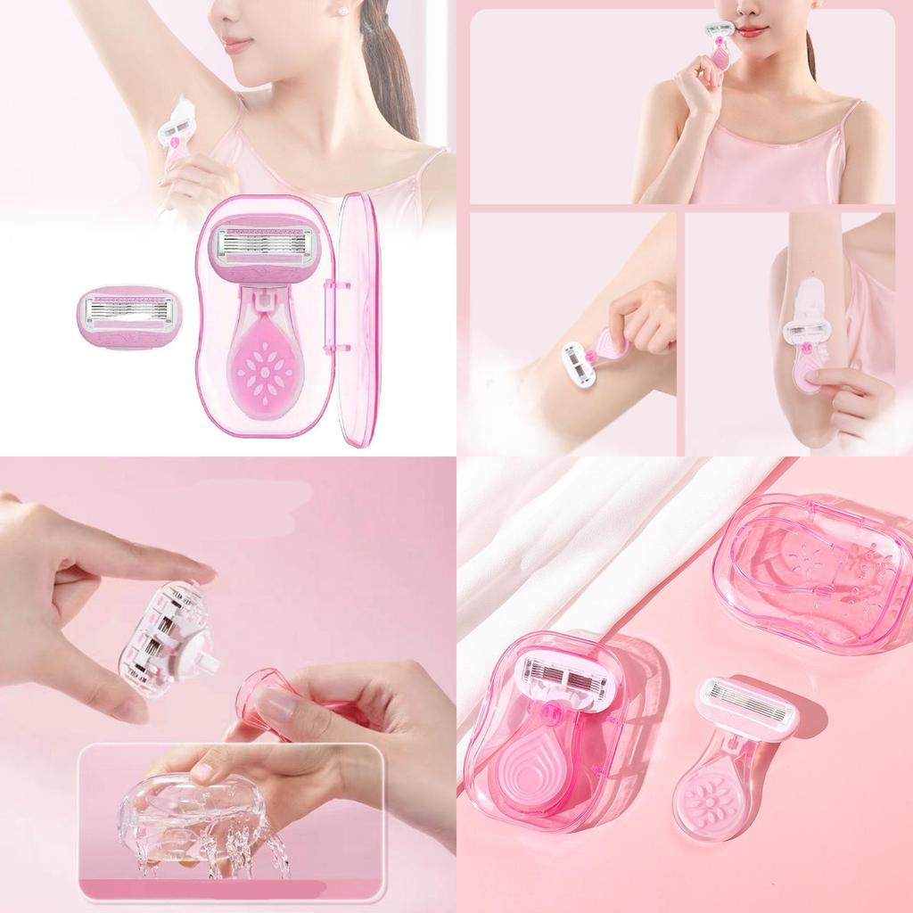 Manual Women's Razor With Five-blade Technology In Peach Pink Short Handle Includes One Razor Handle One Blade Head And Storage Case