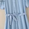 ZANZEA Summer Women Short Sleeve Front Lace Splicing Casual Long Maix Dress