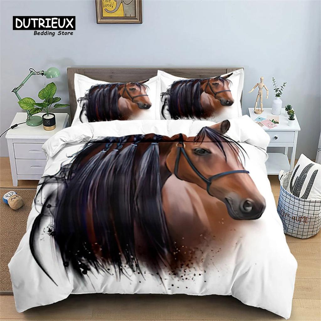 Horse Comforter Cover Set For Kids Toddler Farm Animal Pattern Bedding Set Boys Girls 3 Piece Farmhouse Cowboy Duvet Cover Set