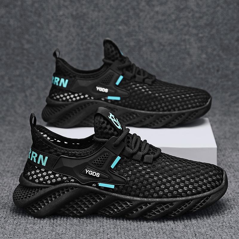 Summer New Fashion Solid Color Versatile Low-top Lace-up Casual Shoes Mesh Large Mesh Breathable Sports Running Men's Shoes