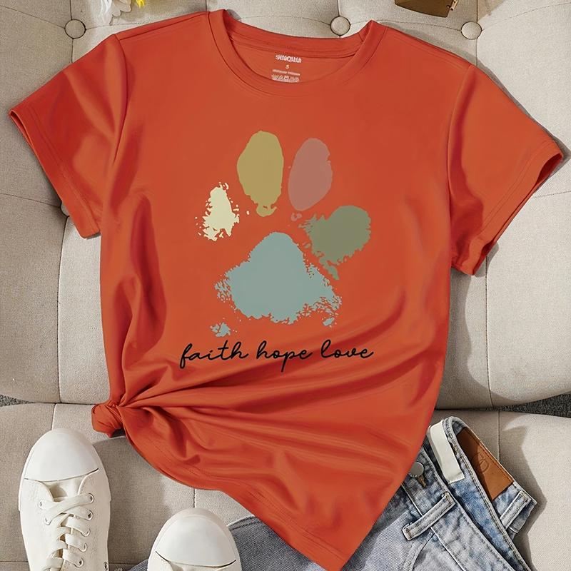 Women Summer T Shirt Dog Claw Print Retro Fashion Short Sleeve Tees Casual   Printed  Tops