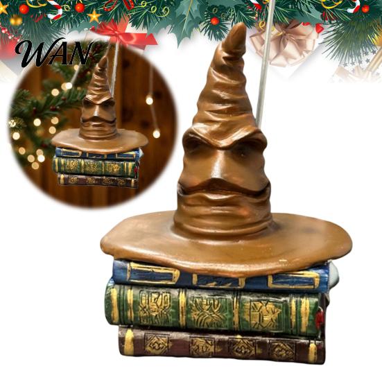 Small Desktop Figurine Sorting Hat Christmas Ornament, Resin Sitting on Book Hanging Home Window Decoration for Xmas Tree, Holiday Party Decor