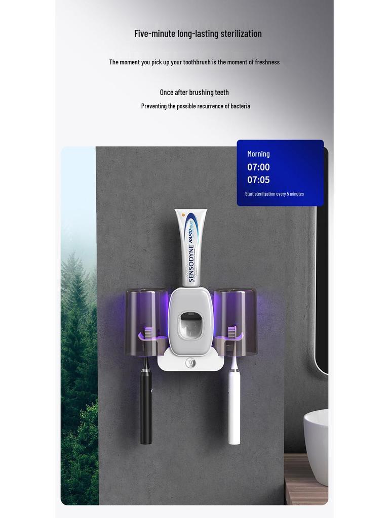 Chytrý UV držák na zubní kartáčky a automatický dávkovač zubní pasty s dvojitými kelímky