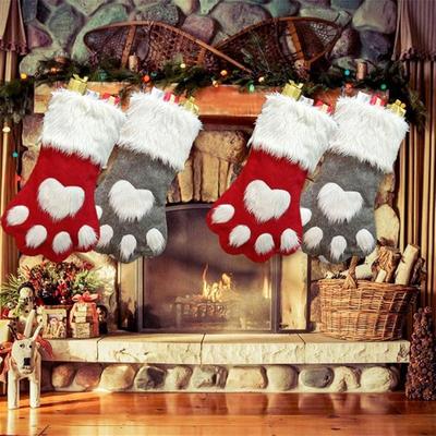 Hot Christmas Stockings Home Decoration Accessories Plaid Christmas Gift Bags Pet Dog Cat Paw Stocking Socks Xmas Tree Ornaments