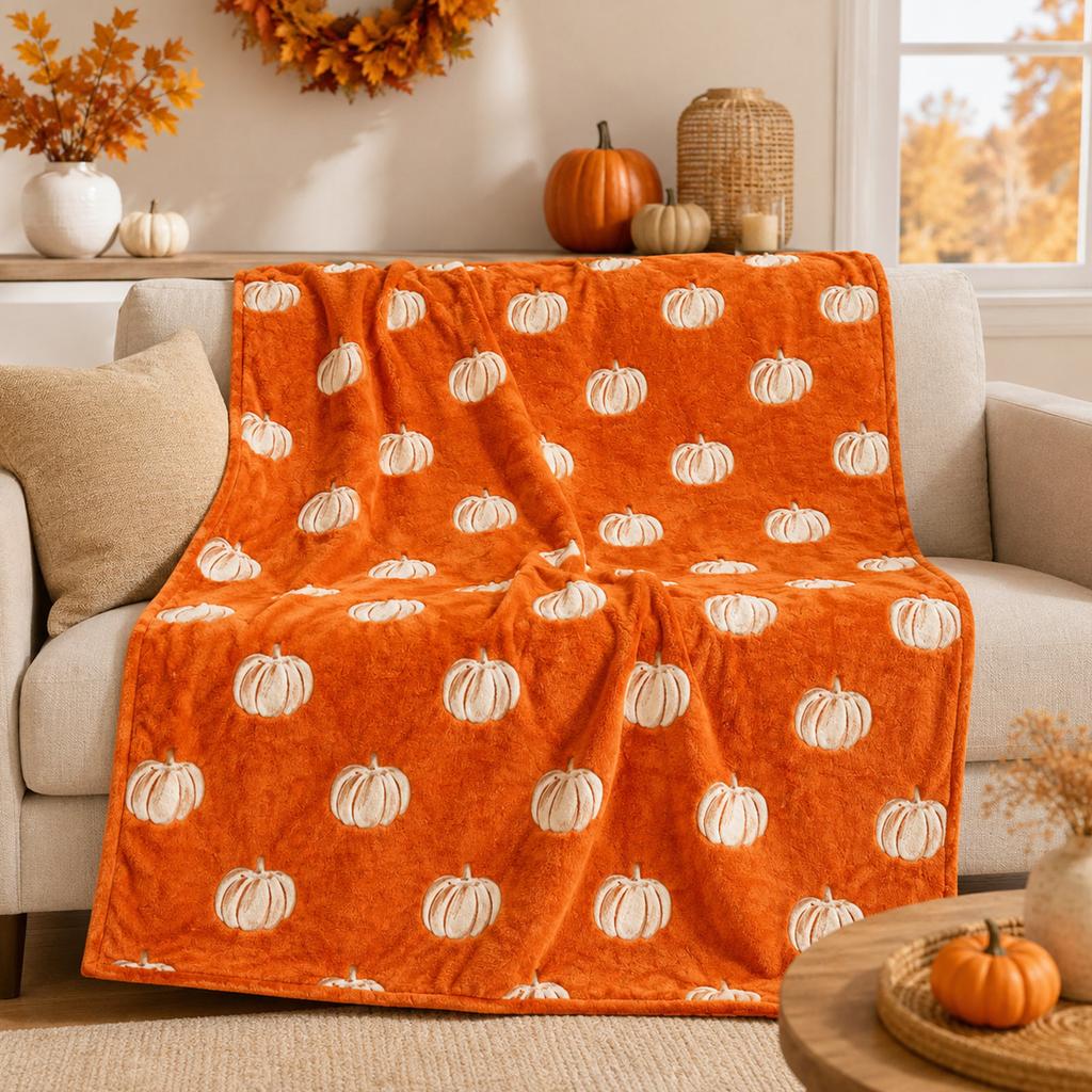 Couverture en Flanelle Automne Motif Citrouille pour Canapé Sofa Lit de Thanksgiving, Douce Chaude Confortable Décoration Intérieure Cadeau