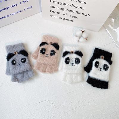 Cartoon Panda Warme Winterhandschuhe für Damen, Halbfinger, Plüsch, gestrickt, kältebeständig, verdickt, fürs Fahrradfahren, Büro, fingerlos