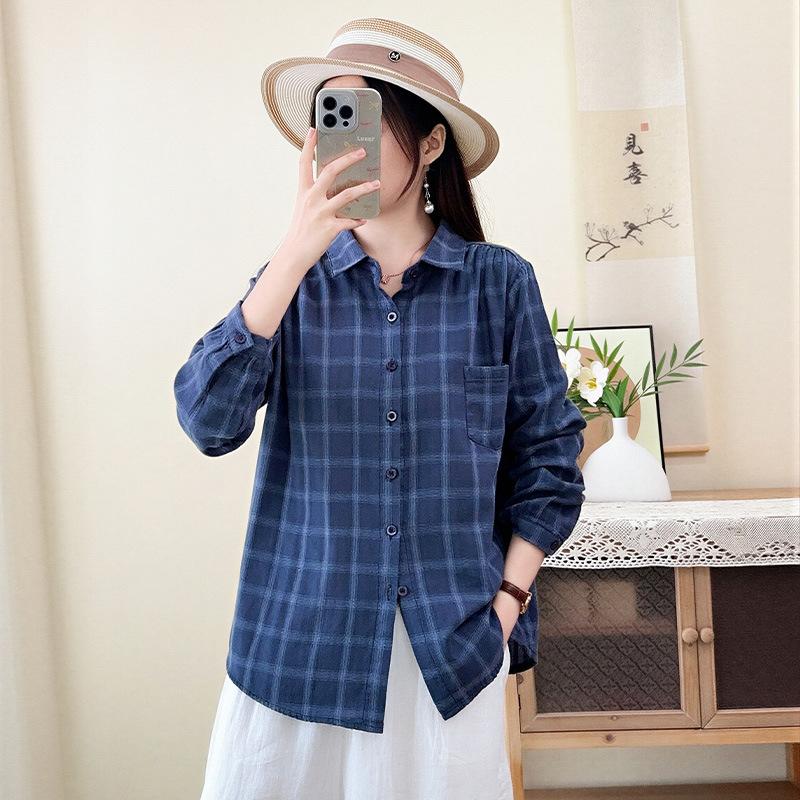 Japanese double-layer cotton yarn pure cotton plaid shirt women's retro literary and artistic style new spring and autumn loose casual shirt top