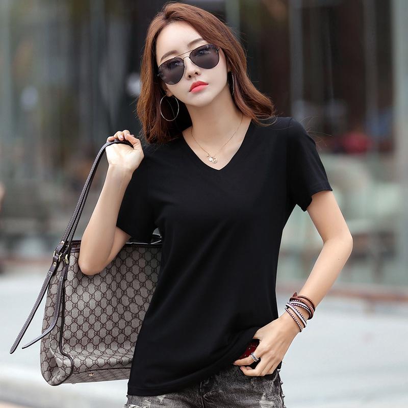 New Short-sleeved Cotton Simple Slimming Loose Korean Style V-neck Large Size Women's T-shirt Tops Bottoming Shirt