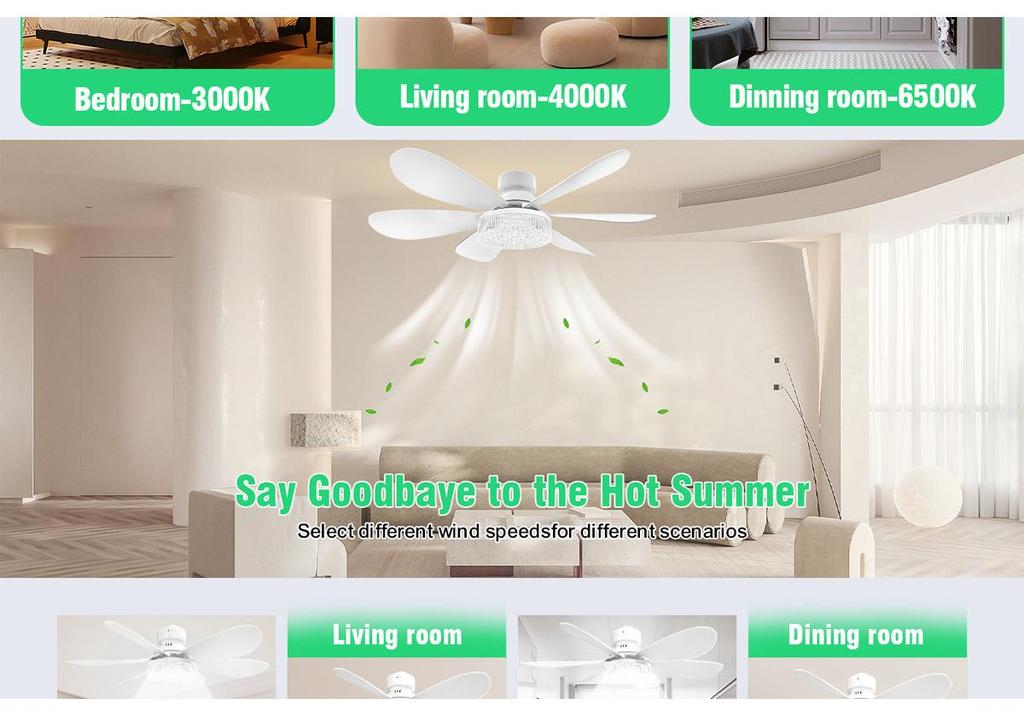 E27 Crystal Ceiling Fan Light with Remote Control - LED Six-Blade for Bedrooms