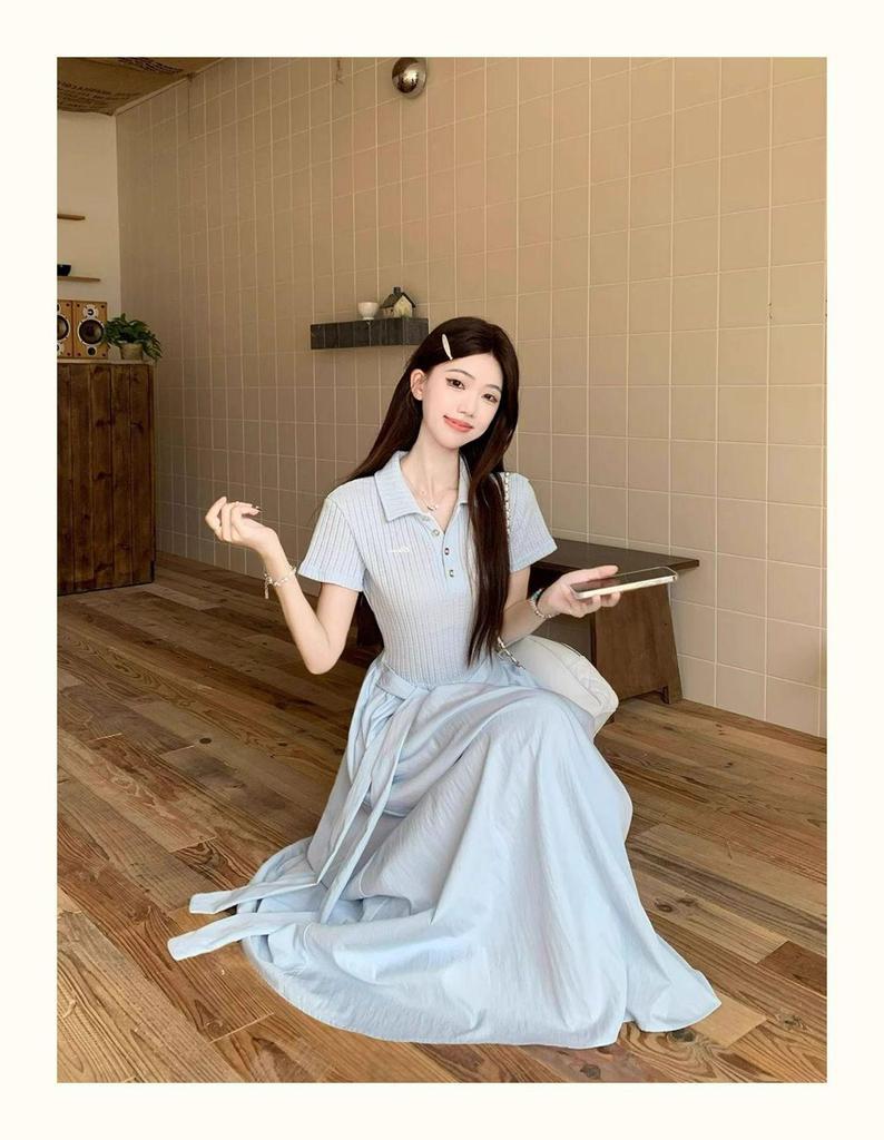 Polo Collar Tie-Waist Slimming Long Dress - Women's 2026 Summer Collection
