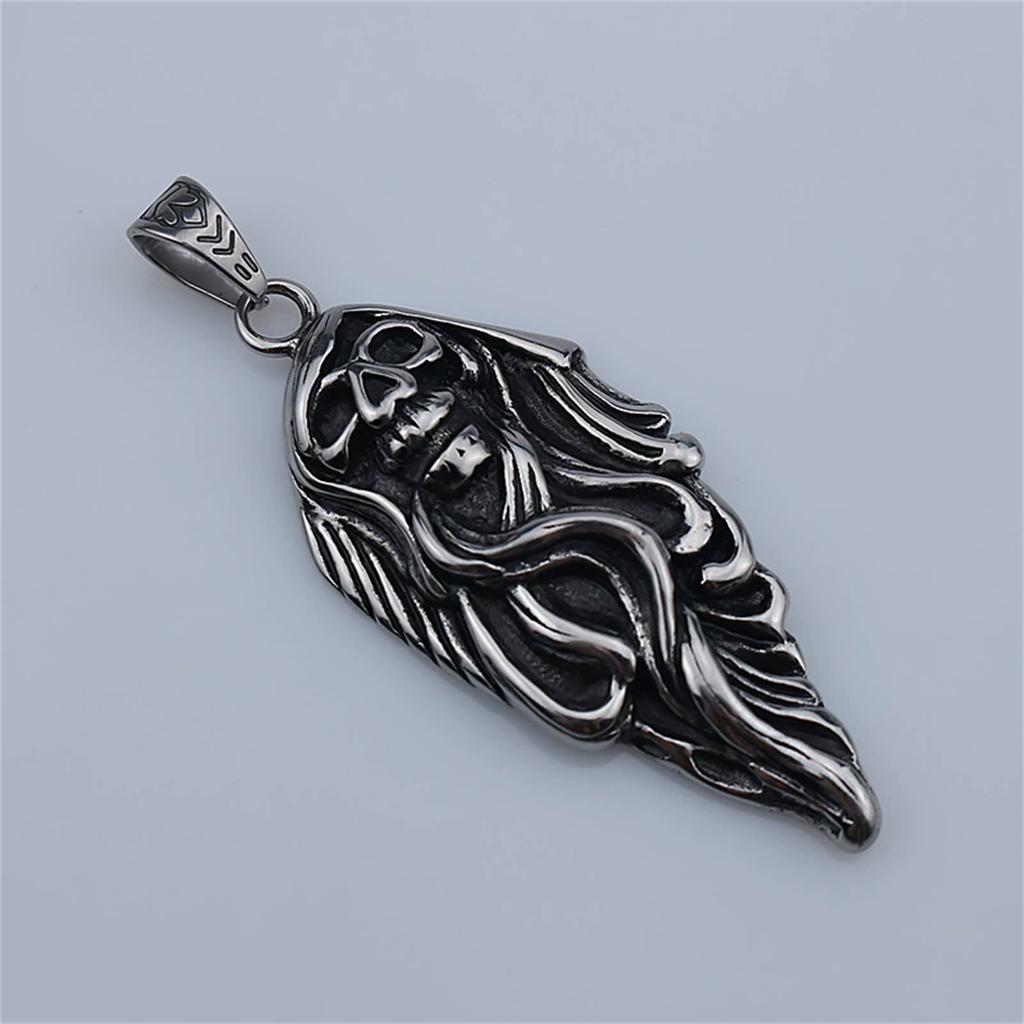 Santa Muerte Vintage Retro Stainless Steel Pendant Necklace Our Lady of Holy Death Mexican Grim Reaper Skull Halloween Jewelry