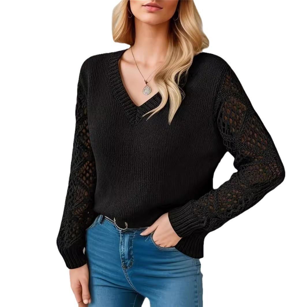 

Женский вязаный свитер с V-образным вырезом и кружевными рукавами, элегантный повседневный пуловер S чёрный