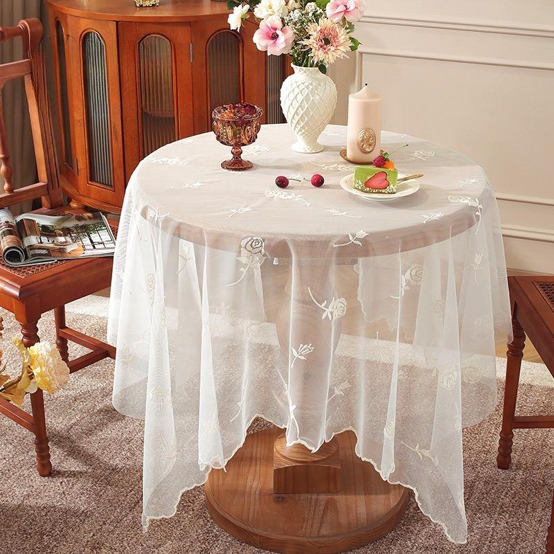 Vintage French Lace Tablecloth White Floral Embroidery Sheer Table Cover for Tea Party Cottagecore Decor