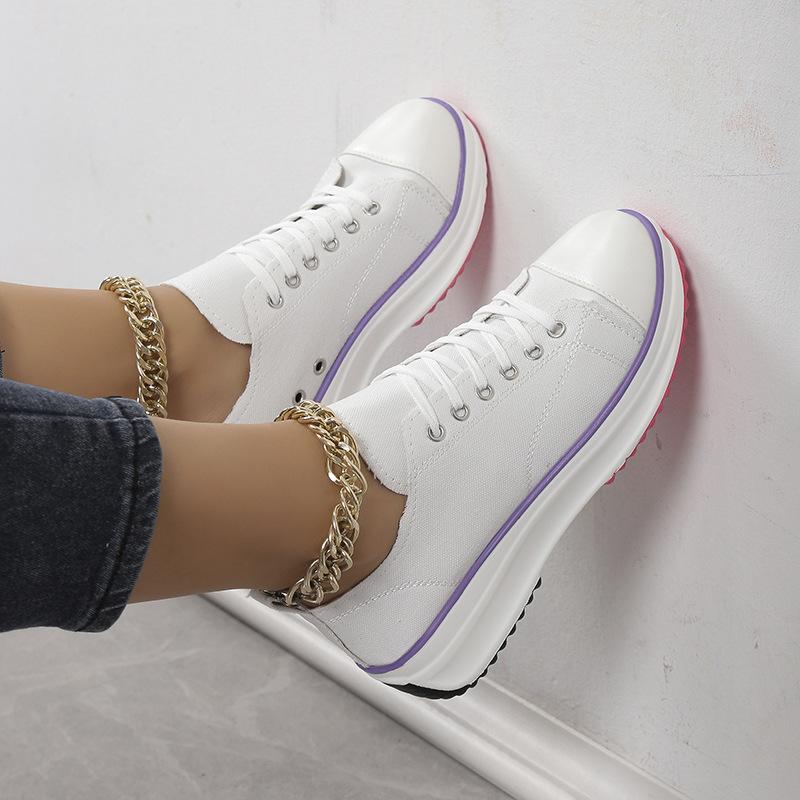 European and American large-size casual single shoes women's 2025 spring and autumn new round head lace-up thick-soled low-top canvas single shoes