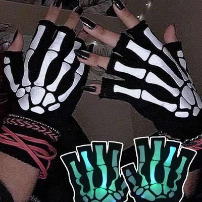 Unisex Halloweenové rukavice s lebkou Punkové svítící ve tmě Kostra Poloprsté rukavice Cosplay Protiskluzové zápěstní strečové rukavice