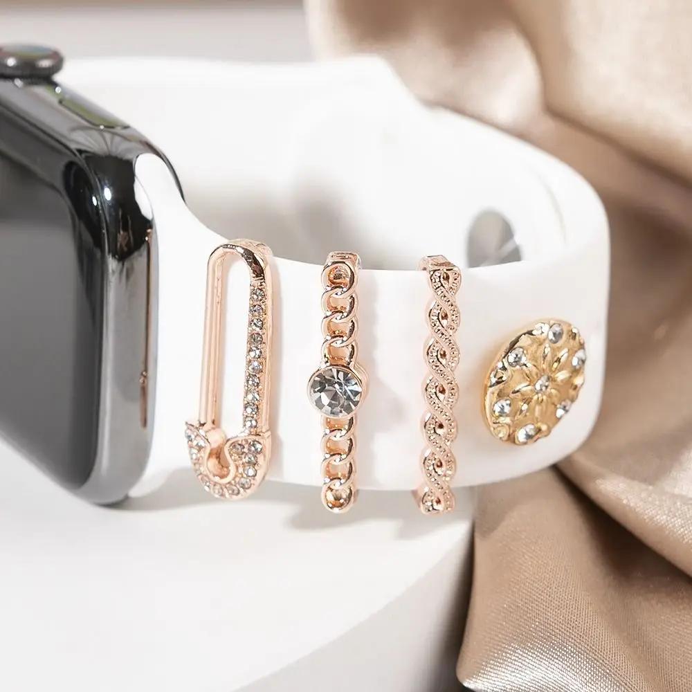 4Pcs Watch Band Ornament for Apple Watch Band Fashion Flower Heart-shaped Decor Ring for Iwatch Strap Accessory Wristbelt Charms