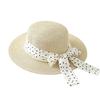 French elegant polka dot bow streamer pearl straw hat women's summer big brim sun hat seaside outing beach hat