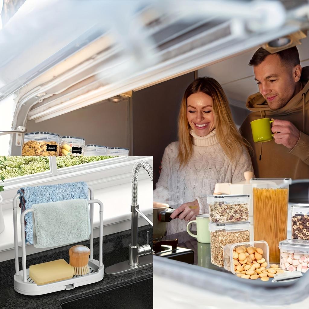 Space-Saving White Plastic Kitchen Sink Organizer - Multi-Functional Towel and Sponge Holder with Drainage Rack, Suitable for Stalls and Home Use