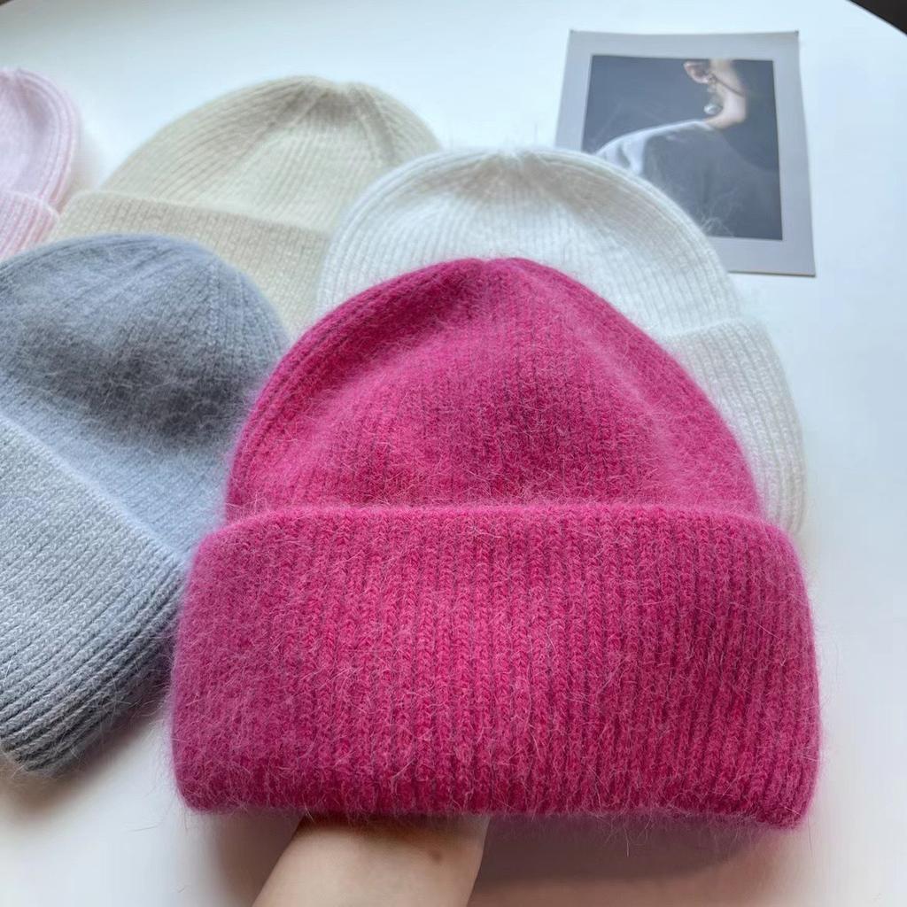 Internet celebrity Angola rabbit hair solid color light board autumn and winter versatile candy color vertical stripe outdoor warm knitted hat women