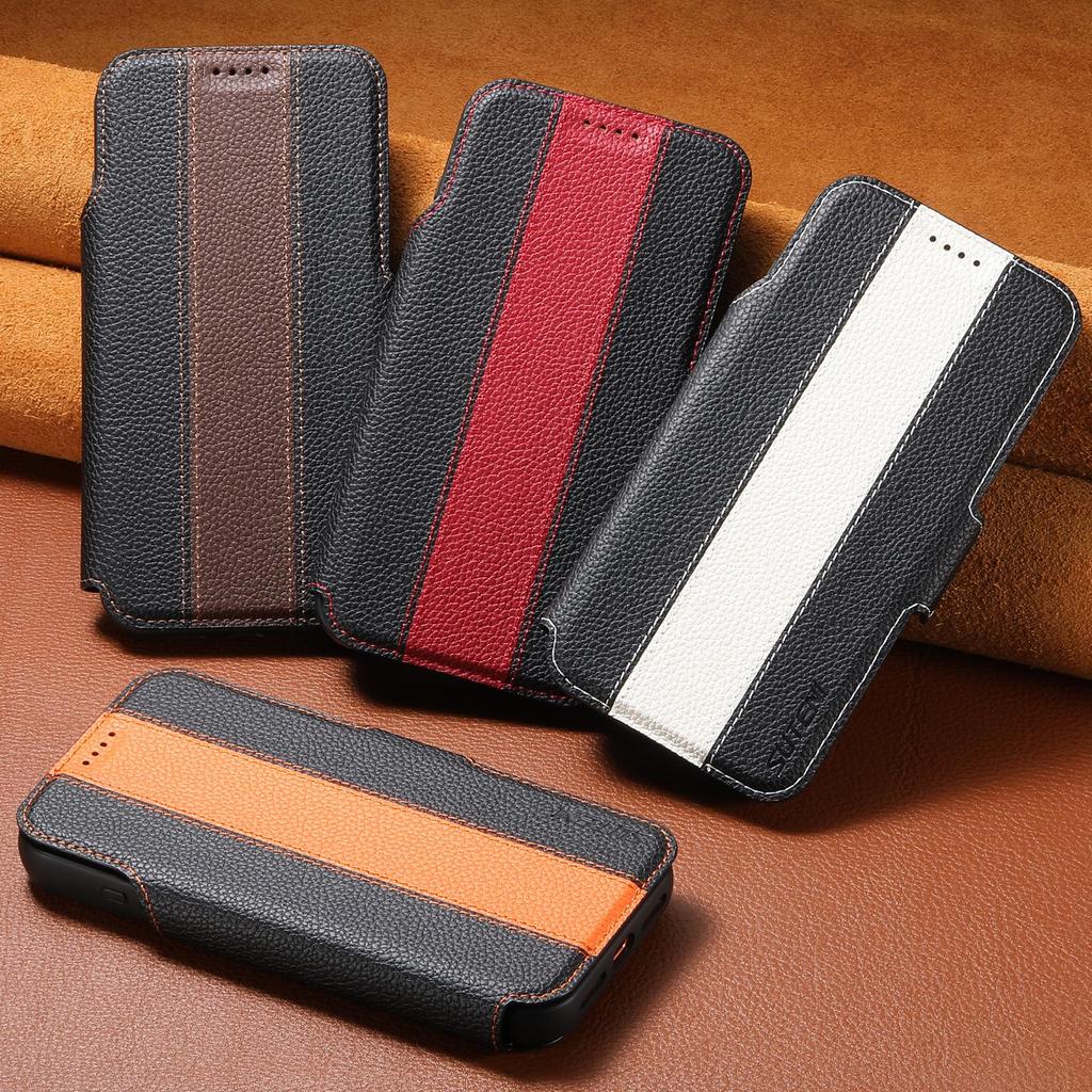 iPhone 17 Flip Case: Card Slot, Magnetic Snap, Wireless Charging Stand, Color Block Wallet, Leather