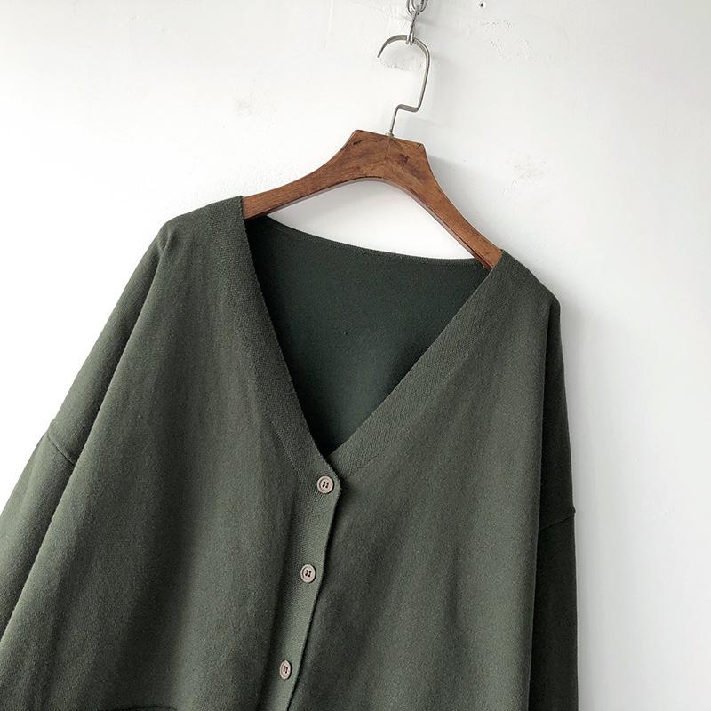 Loose, Large-sized, Artistic and Retro Core-spun Knitted Cardigan Sweater for Women, Long-sleeved V-neck Solid Color Coat