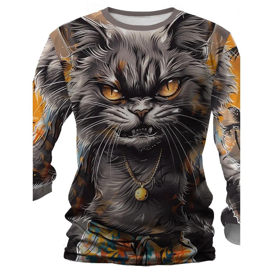 Padrão de gatinho de Halloween impresso em 3D, camiseta masculina de outono com gola redonda, manga comprida casual, pulôver grande, moda tops