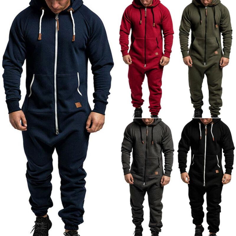 Heren eendelige jumpsuit met capuchon, effen kleur, lange mouwen, winter, warm, casual trainingspak met rits