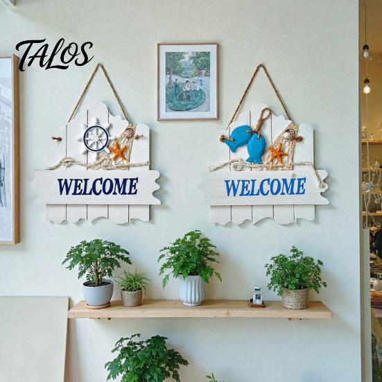 Marine Elements Wall Art Mediterranean Style Wooden Welcome Sign, Starfish And Shells Hanging Seaside Inspired Ornament Plaque, Decorative for