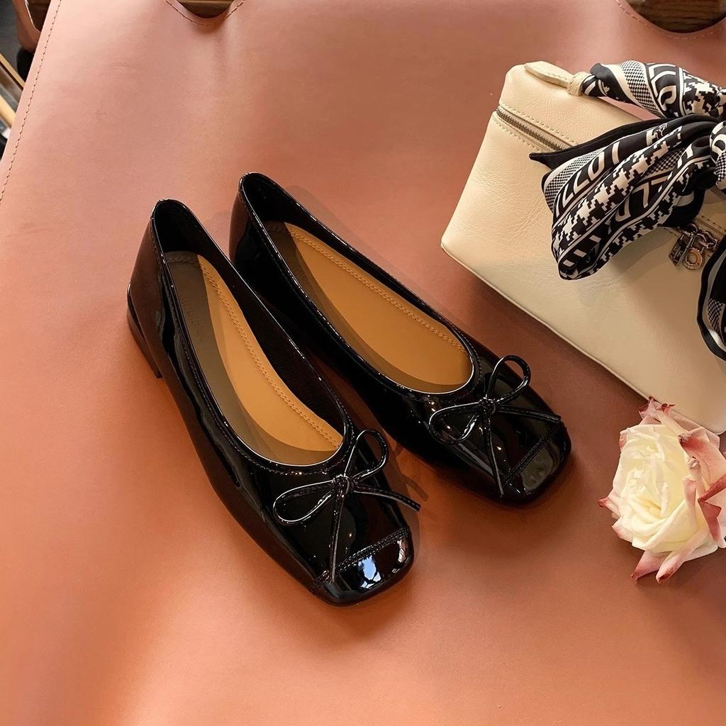 Sheepskin Version~ Sweet Temperament Versatile Bow Square Head Small Thick Heel Light Mouth Ballet Style Leather Single Shoes Women