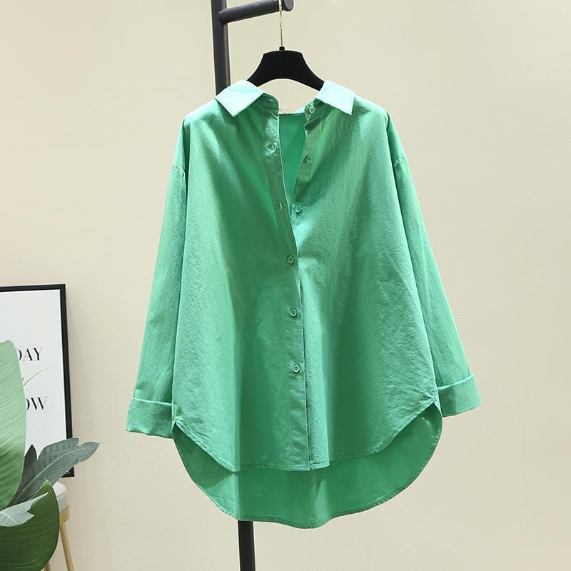 Damska Koszula Casual Guziki Bawełna Biała Wiosna Długi Rękaw Jednolity Luźny Bluzki Biuro Eleganckie Top