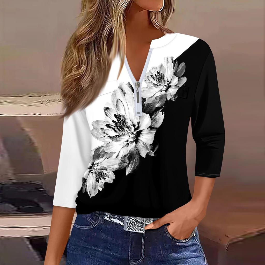 Damen 3/4 Ärmel Karierte Hemden Reißverschluss Floral Casual Tunika Bluse Tops