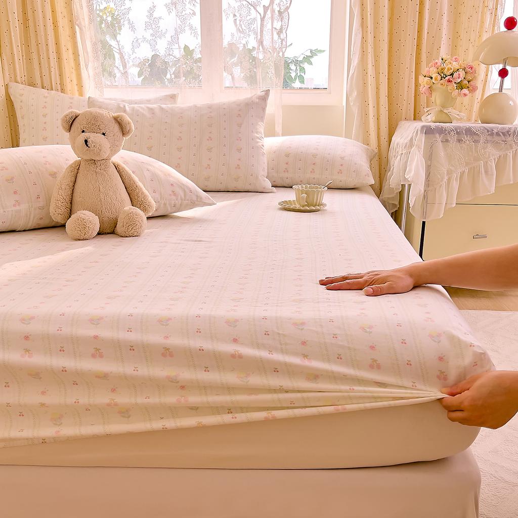 Cotton double-layer yarn printed fitted sheet three-piece set of small floral household bedroom mattress protective cover