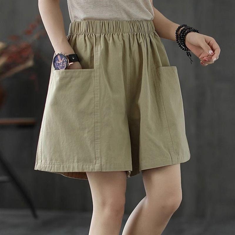 Women's Cotton Pocket Shorts - Summer Casual, Wide-Leg, Elastic Waist, Plus Size, Five-Point Length
