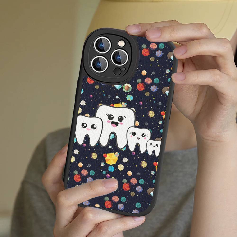 

Dentist Tooth Pattern Phone Case For IPhone 16 15 14 13 12 11 Pro Max Plus Soft Leather Cover iPhone 14