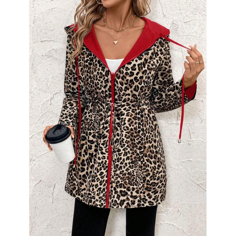 Womens Reversible Leopard Print Hooded Zip-Up