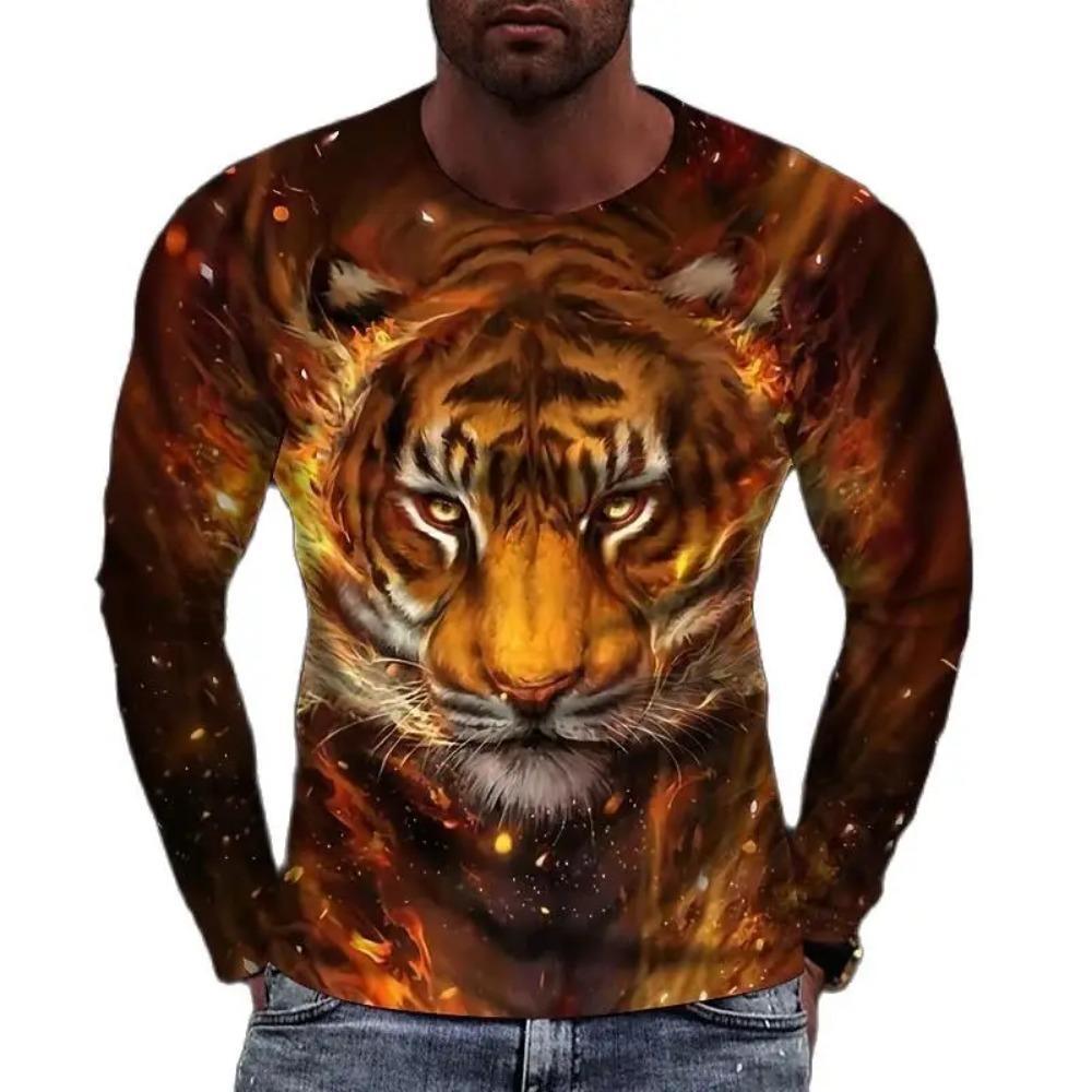 Tiger and Lion 3D Digital Printed Men's Personalized Trendy Round Neck Long Sleeved T-shirt