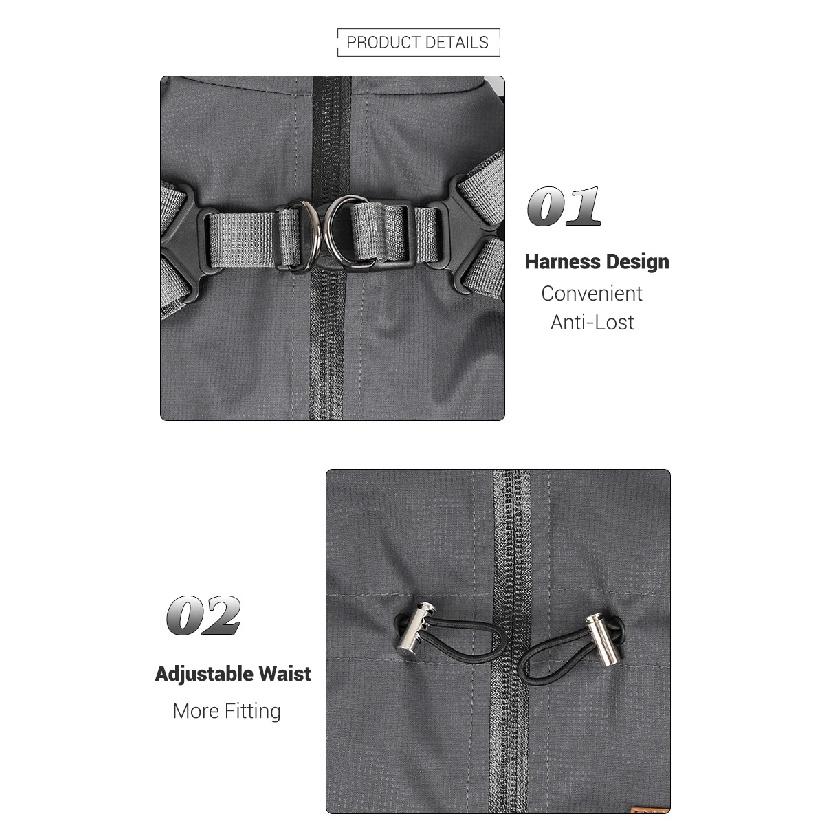 Dog Raincoat with Harness Waterproof Pet Rain Jacket for Small Dogs Adjustable Reflective Dog Rain Overalls with 4 Legs