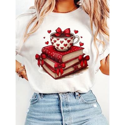 European Size A Women'S Valentine'S Day Short-Sleeve T-Shirt Featuring Heart Shapes, Books, Coffee Cups, And Bow Prints, Perfect for Gifting