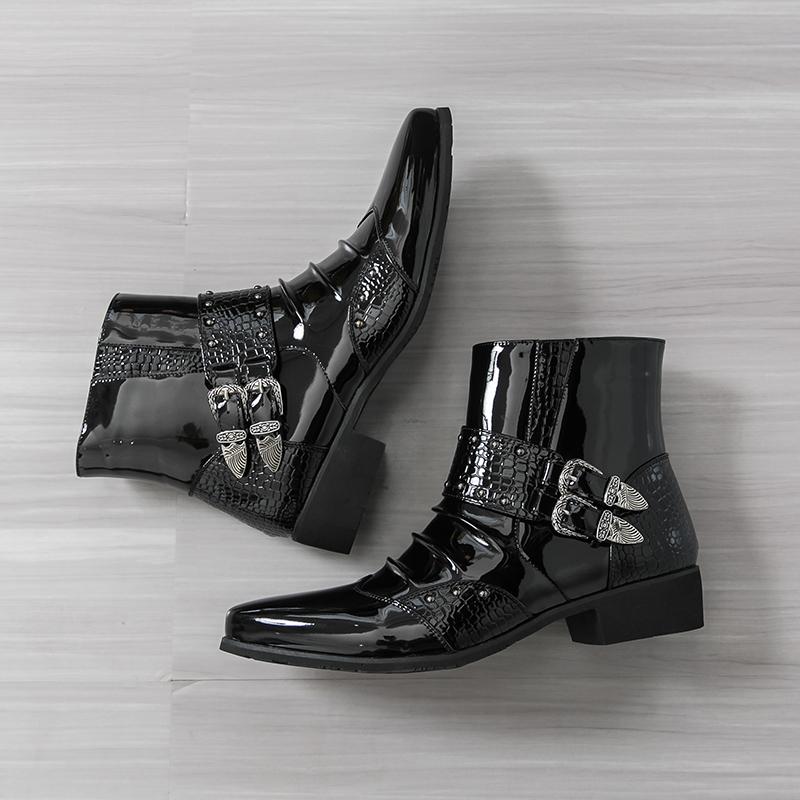 Designer New Men Pointed Toe Punk Rock Belt Buckle Leather Casual Chelsea Ankle Boot Winter High Top Monk Strap Hip-hop Shoes