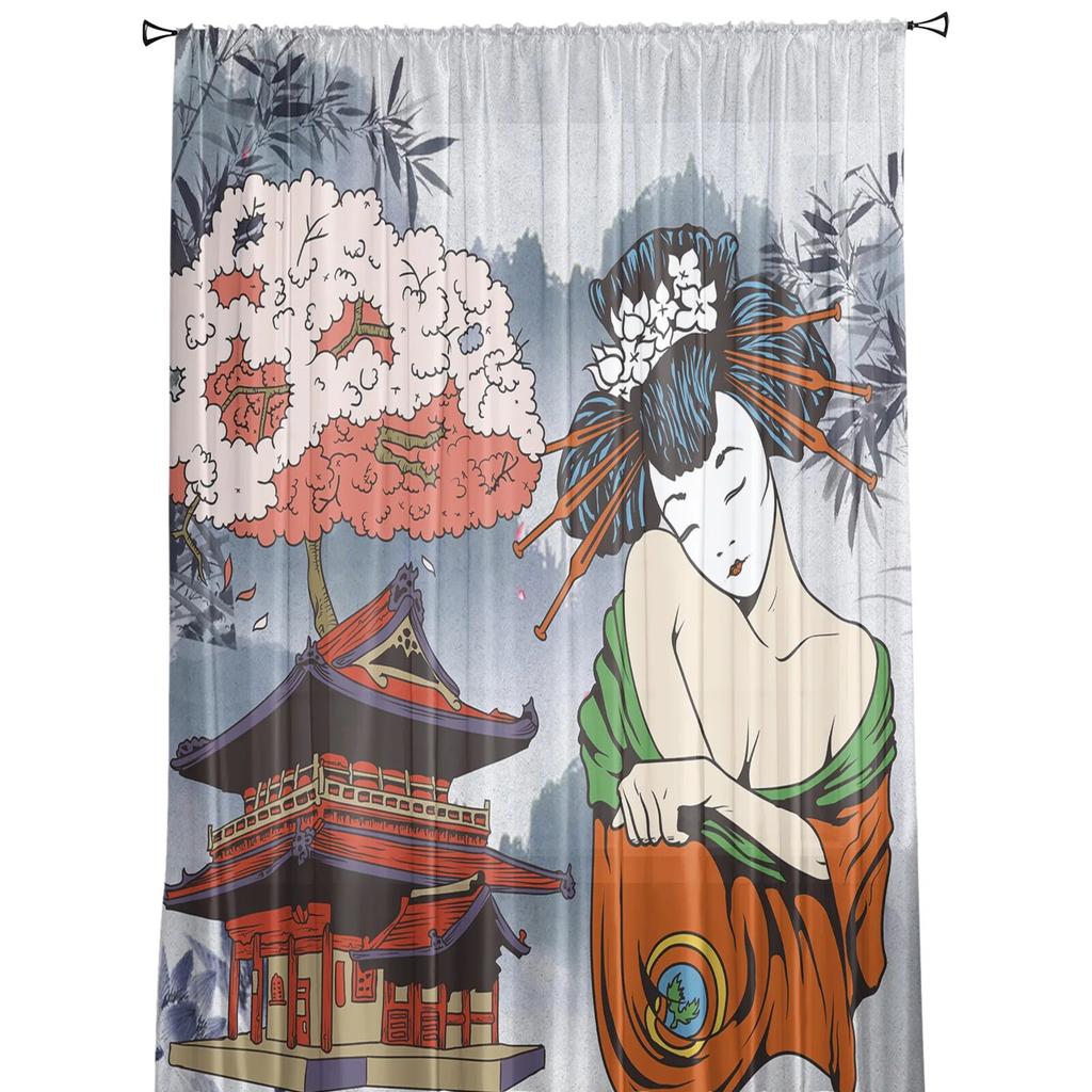 Japanese Geisha Tulle Curtains For Living Room Bedroom Decor Chiffon Sheer Voile Kitchen Window Curtain
