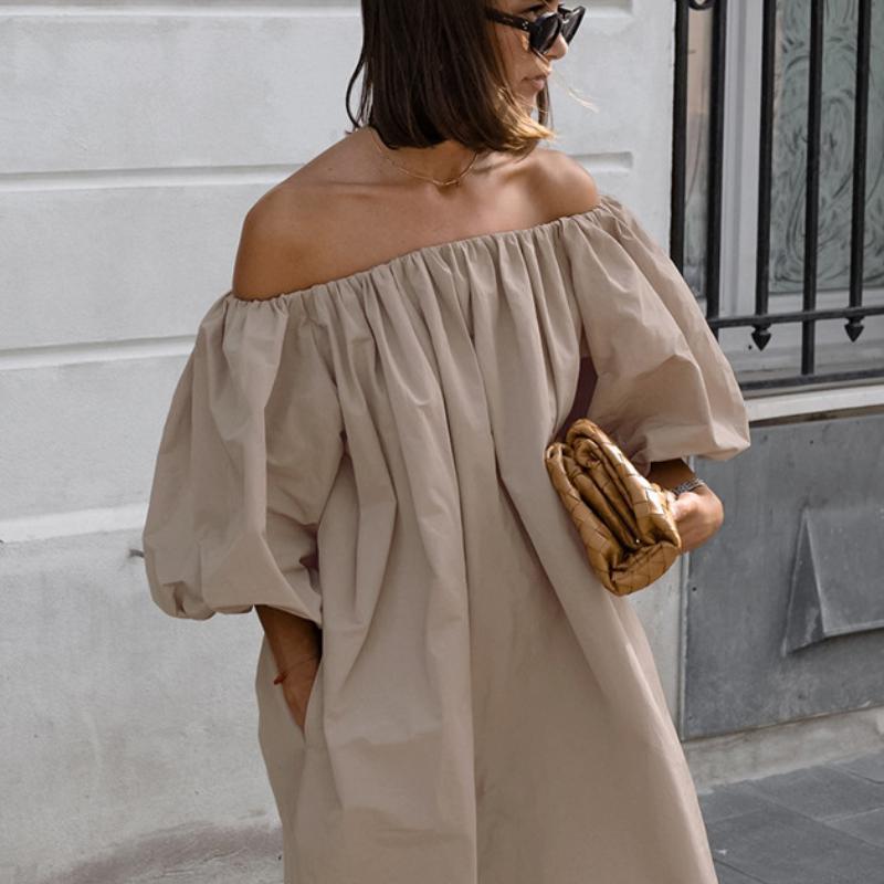 Seksowna sukienka khaki z odkrytymi ramionami i bufiastymi rękawami, modna krótka sukienka dla kobiet