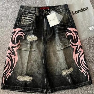 GLYDE Streetwear Y2K Popularne Dżinsowe Szorty Design z Frędzlami Vintage Szorty Męskie Hip Hop Moda Harajuku Punk Spodnie z Wysokim Stanem Szerokie Nogawki